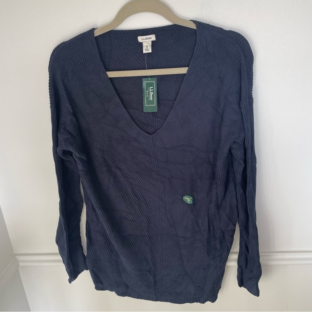 BNWT LL Bean Navy Women's Cotton Shaker-Stitch Sweater, V-Neck Medium - Picture 4 of 9
